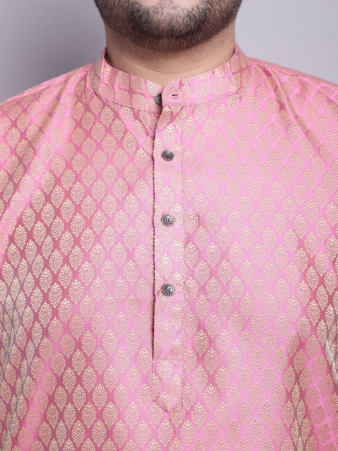 Men's Silk Blend Pink Kurta & PGreen Printed Nehrujacket With White Pyjama