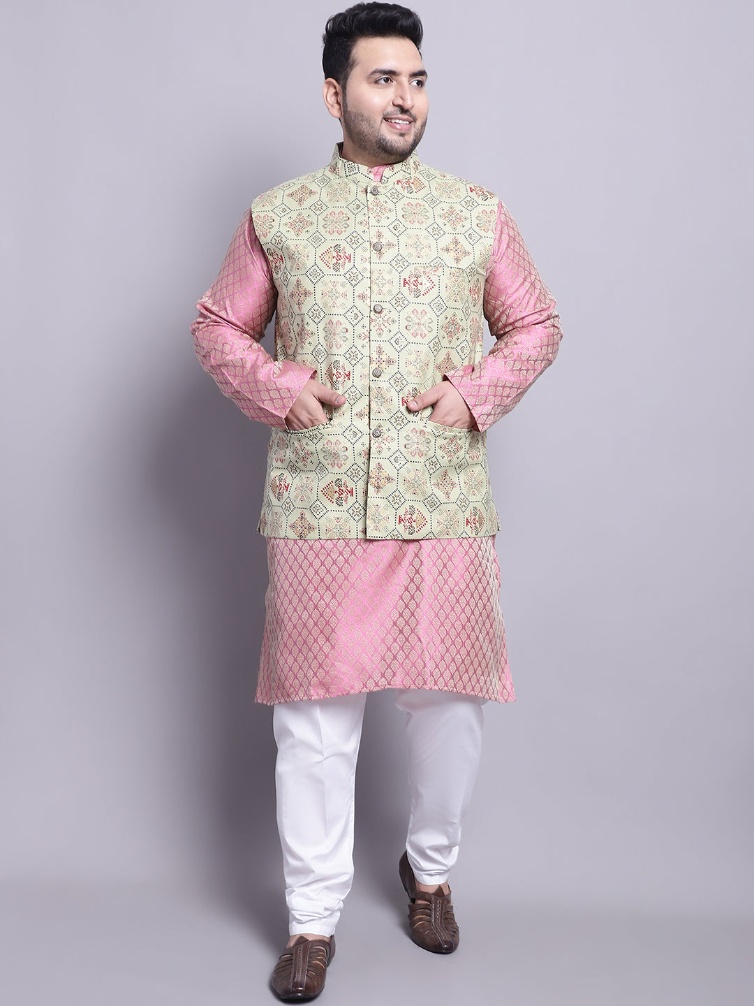 Men's Silk Blend Pink Kurta & PGreen Printed Nehrujacket With White Pyjama