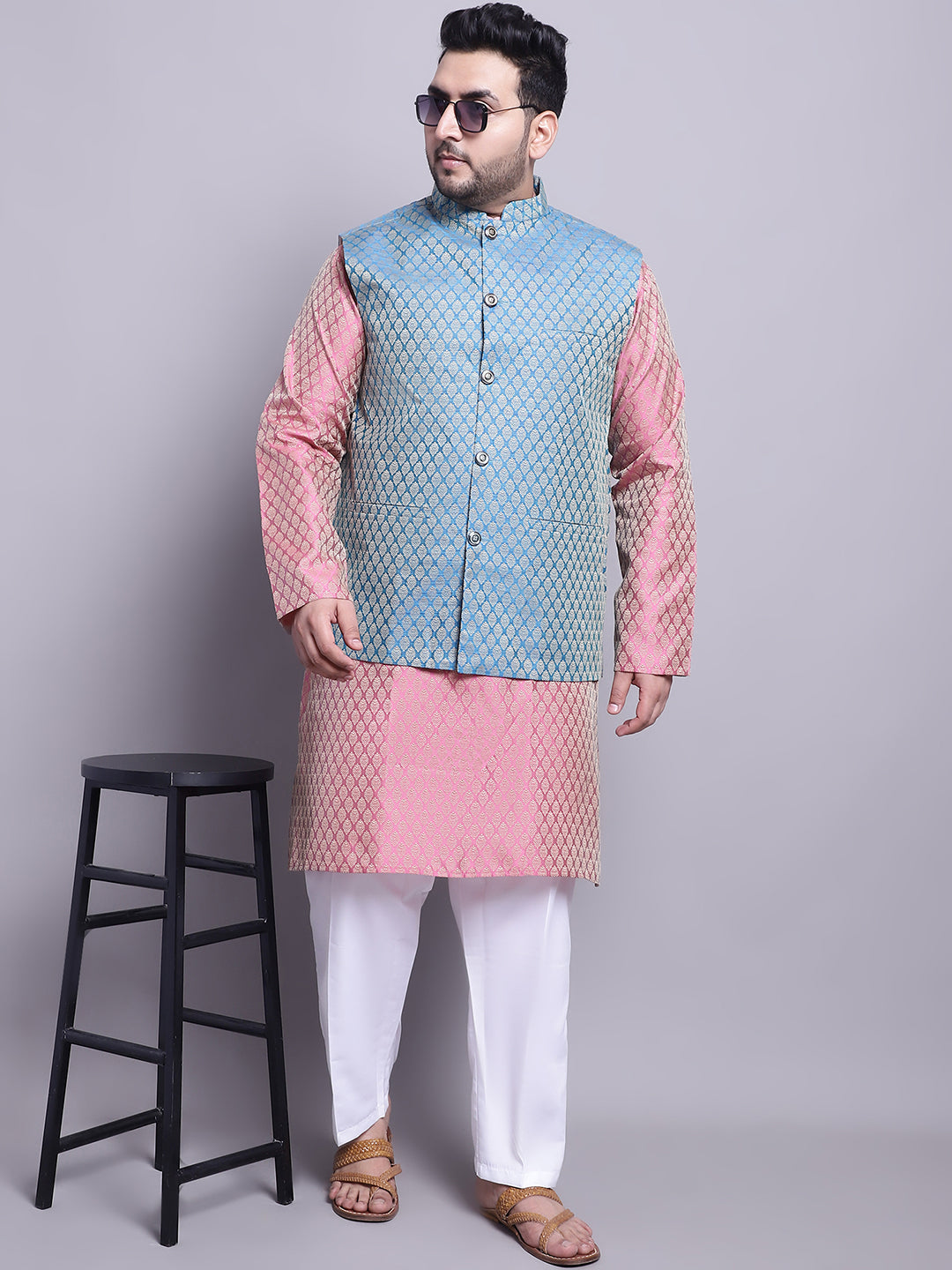 Men's Silk Blend Pink Kurta & PBlue Nehrujacket With White Pyjama