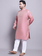 Men's Silk Blend Pink Kurta & PBlue Nehrujacket With White Pyjama