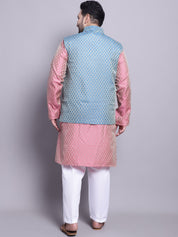 Men's Silk Blend Pink Kurta & PBlue Nehrujacket With White Pyjama