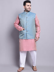 Men's Silk Blend Pink Kurta & PBlue Nehrujacket With White Pyjama