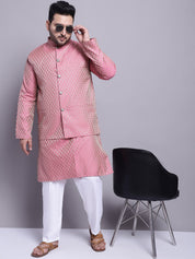 Men's Silk Blend Pink Kurta & Pink Nehrujacket With White Pyjama