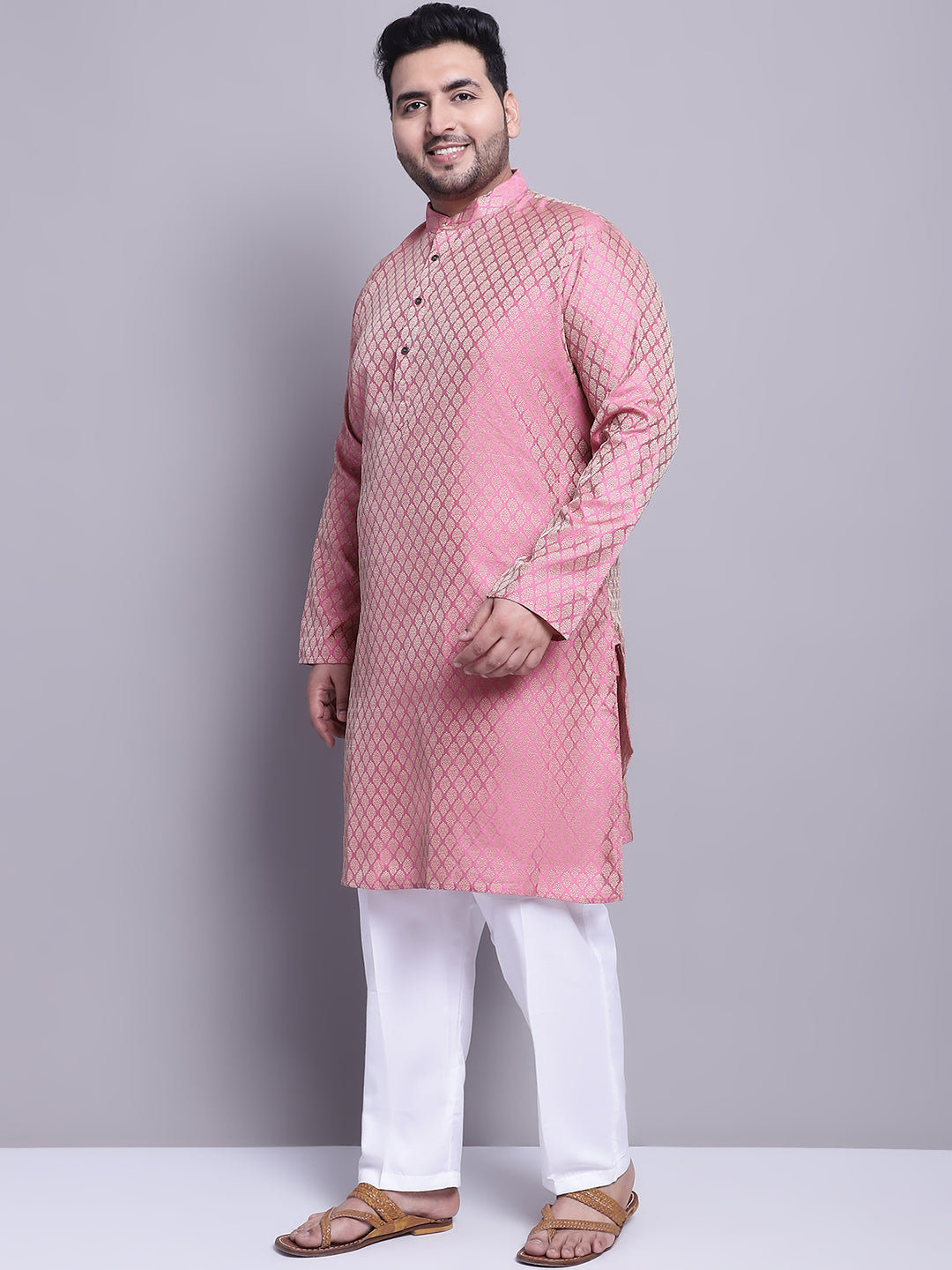 Men's Silk Blend Pink Kurta & Pink Nehrujacket With White Pyjama