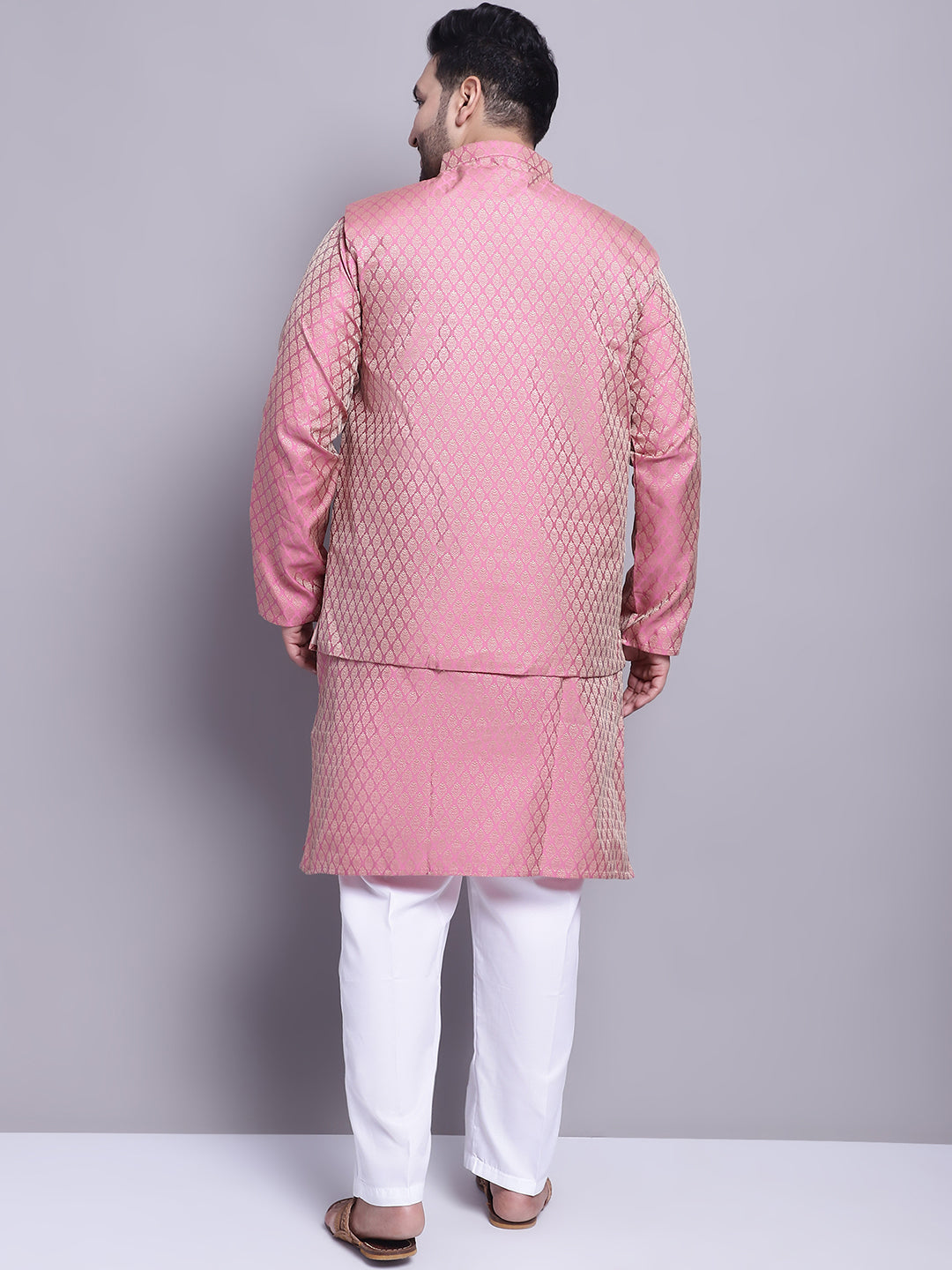 Men's Silk Blend Pink Kurta & Pink Nehrujacket With White Pyjama