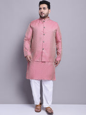 Men's Silk Blend Pink Kurta & Pink Nehrujacket With White Pyjama