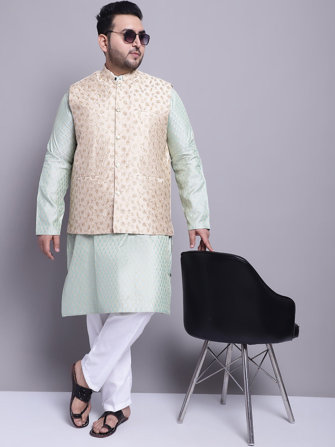 Men's Silk Blend PGreen Kurta & Beige Emb Nehrujacket With White Pyjama