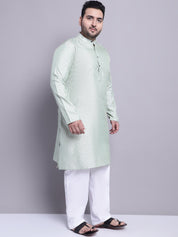 Men's Silk Blend PGreen Kurta & Beige Emb Nehrujacket With White Pyjama