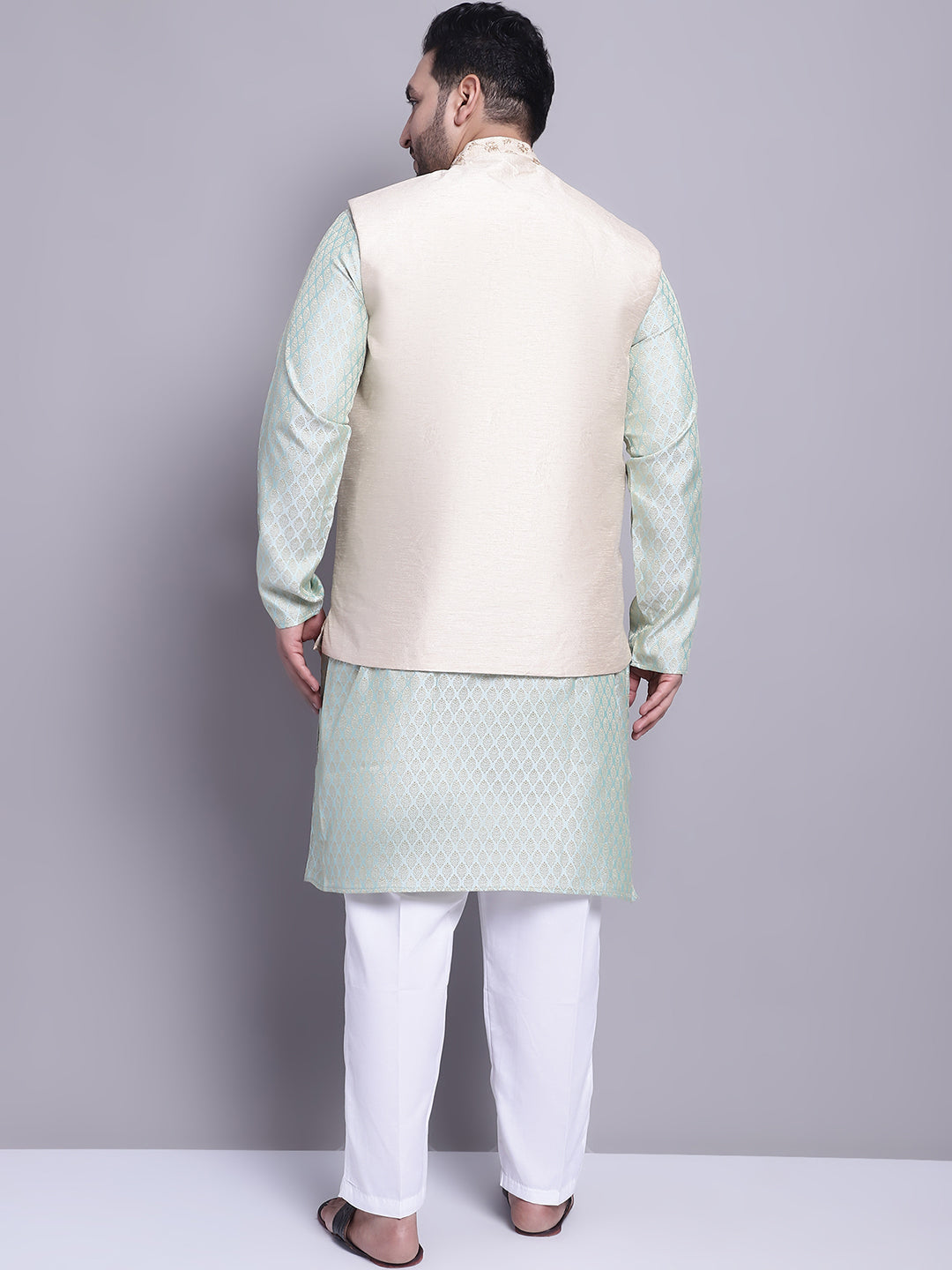 Men's Silk Blend PGreen Kurta & Beige Emb Nehrujacket With White Pyjama