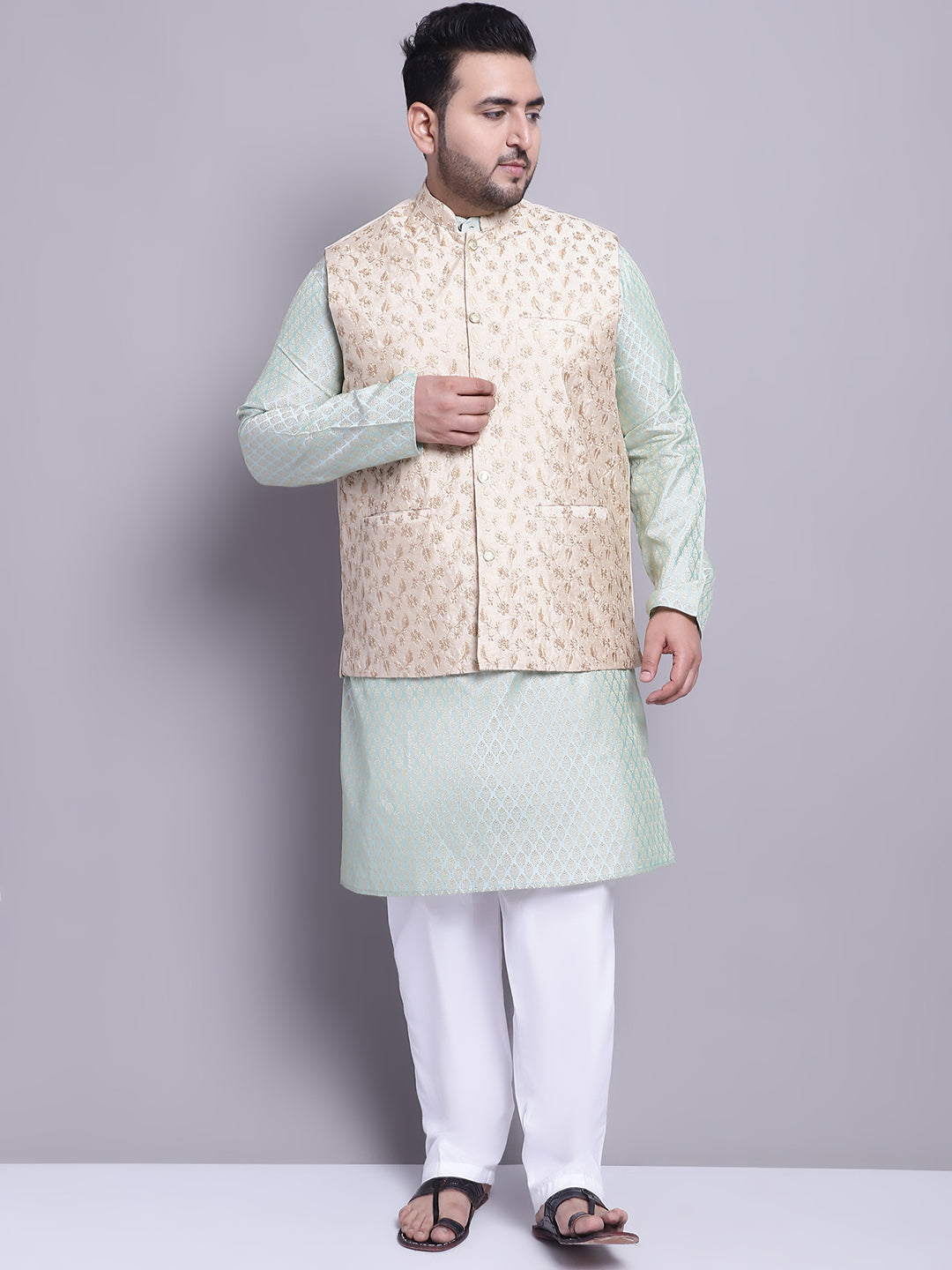 Men's Silk Blend PGreen Kurta & Beige Emb Nehrujacket With White Pyjama