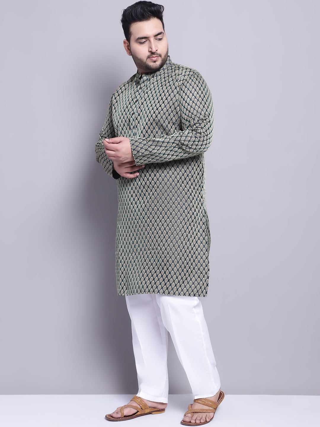 Men's Silk Blend Dark Green Kurta & Beige Emb Nehrujacket With White Pyjama