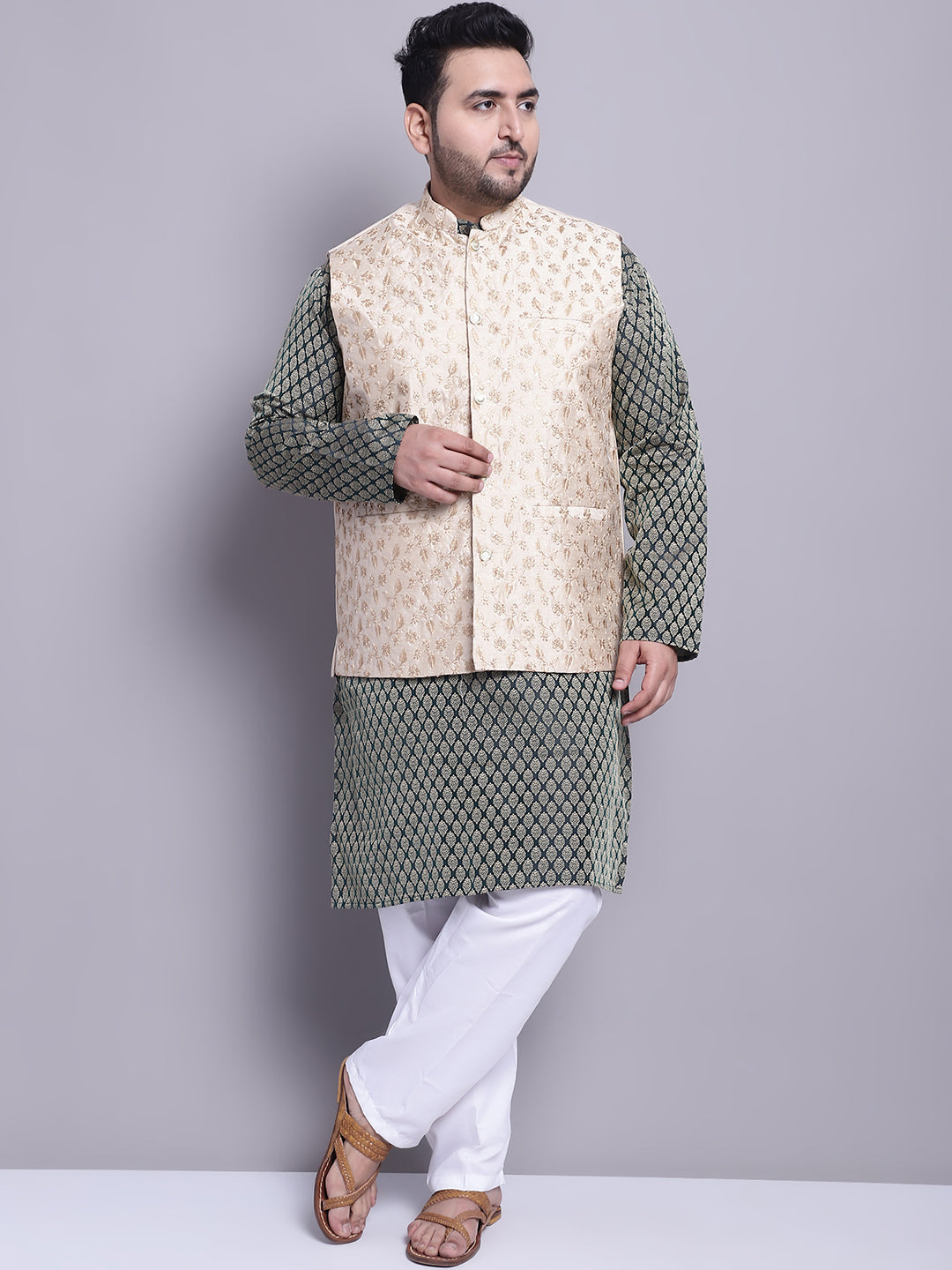 Men's Silk Blend Dark Green Kurta & Beige Emb Nehrujacket With White Pyjama