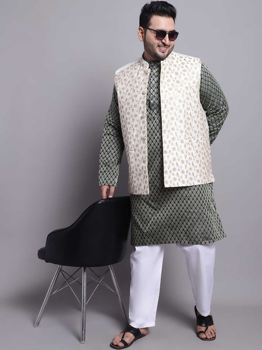 Men's Silk Blend Dark Green Kurta & Cream Emb Nehrujacket With White Pyjama