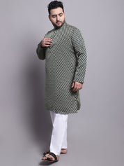 Men's Silk Blend Dark Green Kurta & Cream Emb Nehrujacket With White Pyjama