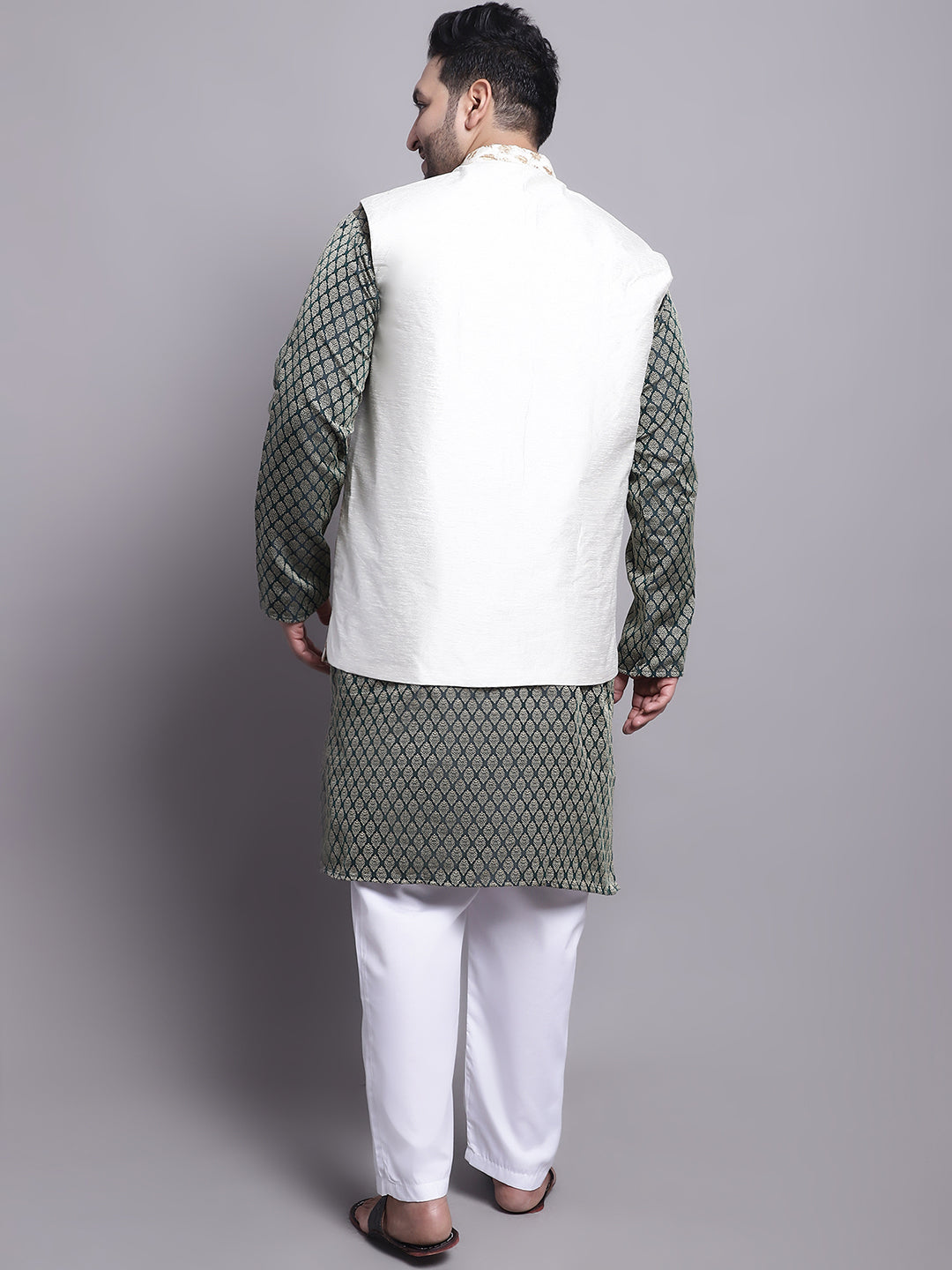 Men's Silk Blend Dark Green Kurta & Cream Emb Nehrujacket With White Pyjama