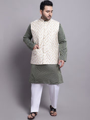 Men's Silk Blend Dark Green Kurta & Cream Emb Nehrujacket With White Pyjama