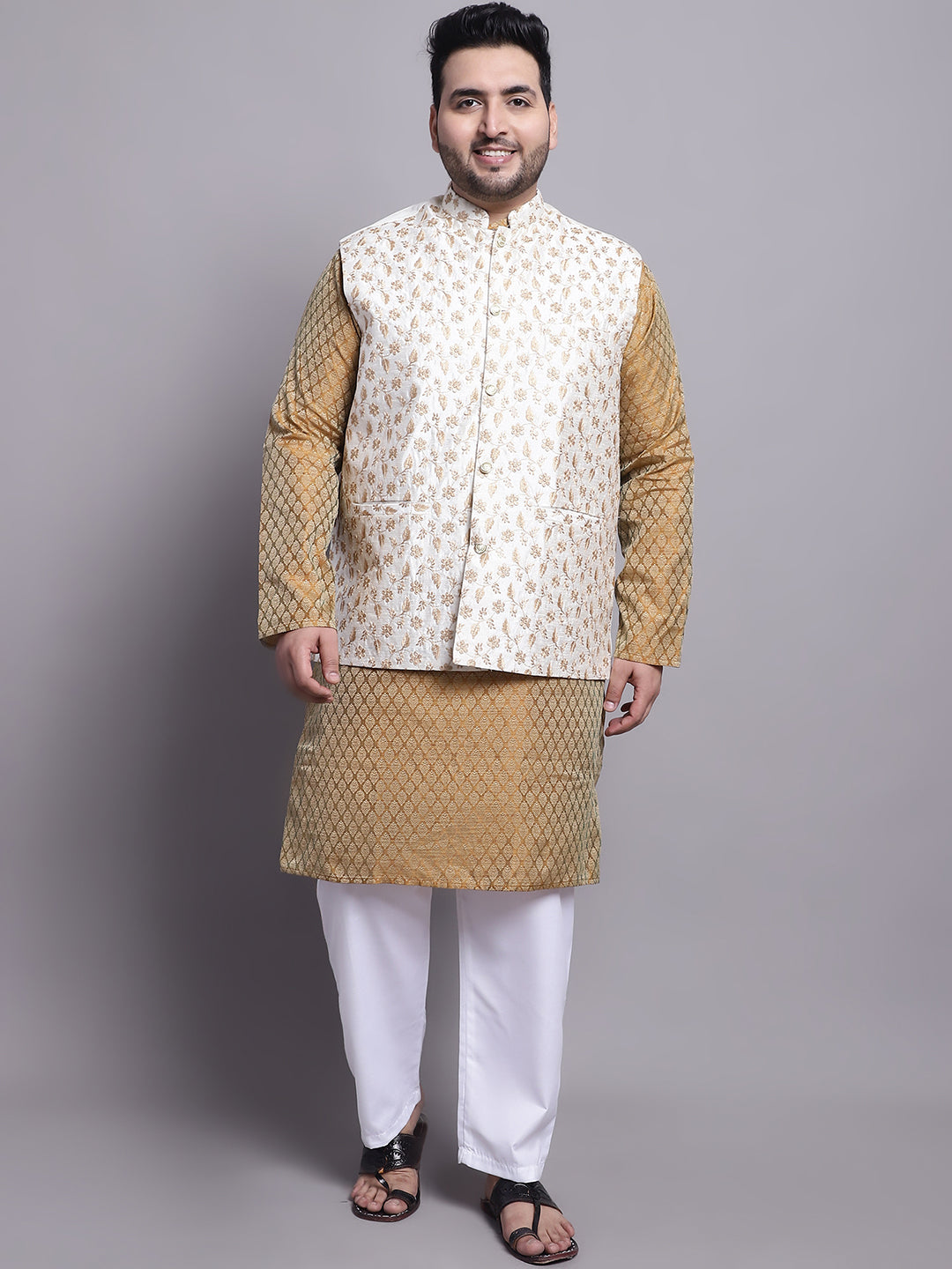Men's Silk Blend Mastard Kurta & Cream Emb Nehrujacket With White Pyjama