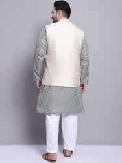 Men's Silk Blend TGreen Kurta & Beige Emb Nehrujacket With White Pyjama