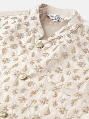 Men's Silk Blend TGreen Kurta & Beige Emb Nehrujacket With White Pyjama
