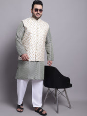 Men's Silk Blend TGreen Kurta & Cream Emb Nehrujacket With White Pyjama