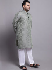 Men's Silk Blend TGreen Kurta & Cream Emb Nehrujacket With White Pyjama