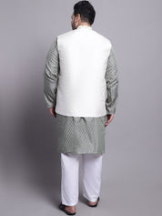 Men's Silk Blend TGreen Kurta & Cream Emb Nehrujacket With White Pyjama