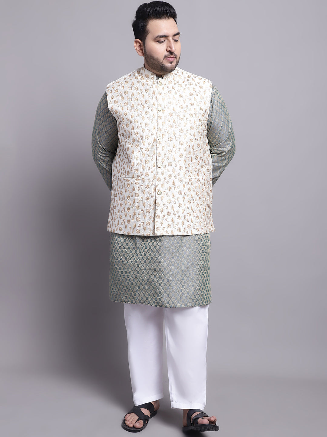 Men's Silk Blend TGreen Kurta & Cream Emb Nehrujacket With White Pyjama