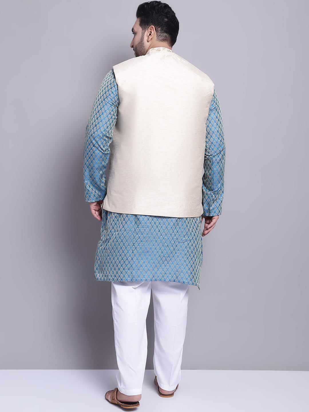 Men's Silk Blend PBlue Kurta & Beige Emb Nehrujacket With White Pyjama