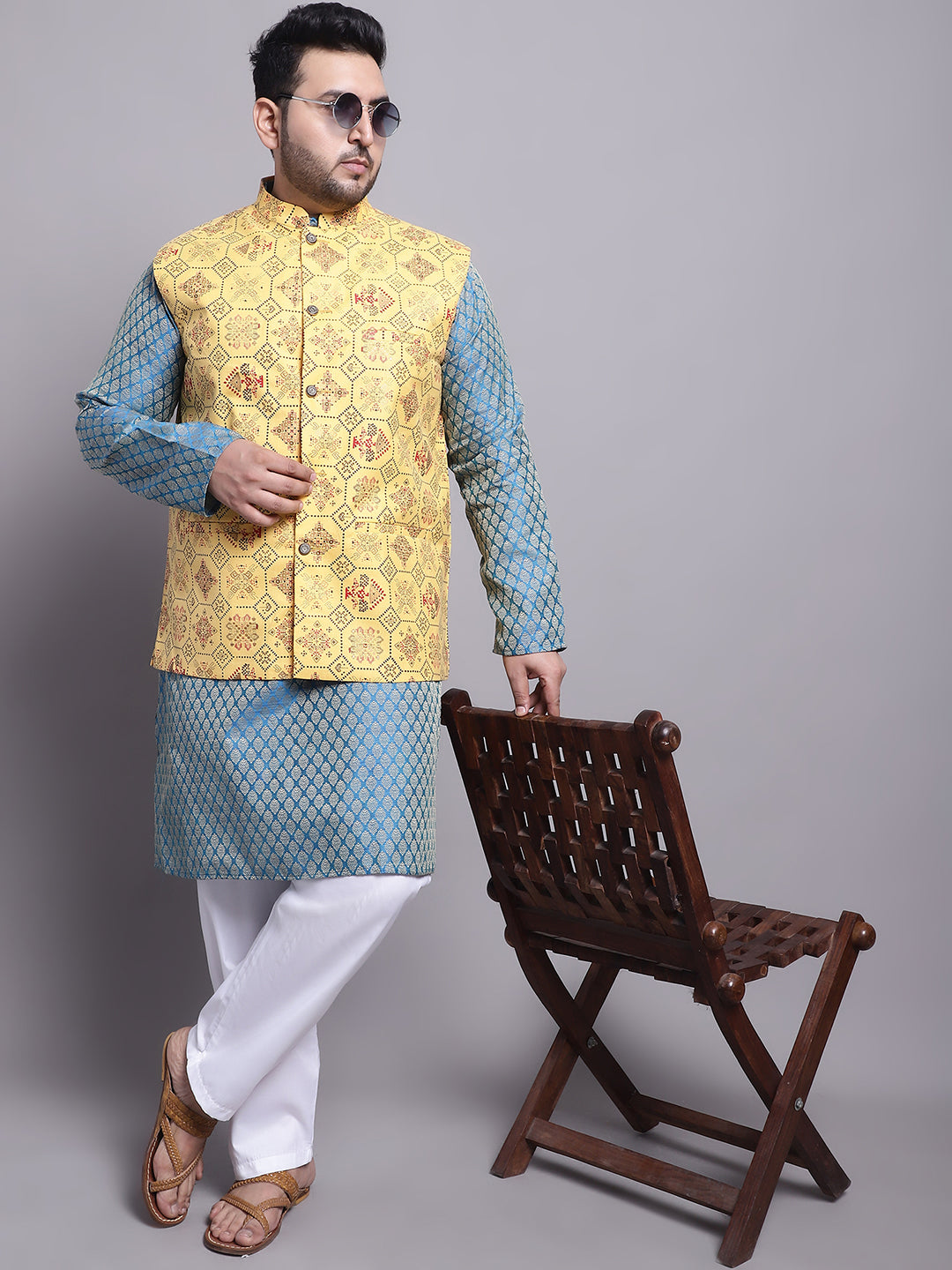 Men's Silk Blend PBlue Kurta & Yellow Printed Nehrujacket With White Pyjama