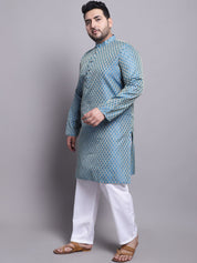 Men's Silk Blend PBlue Kurta & Yellow Printed Nehrujacket With White Pyjama