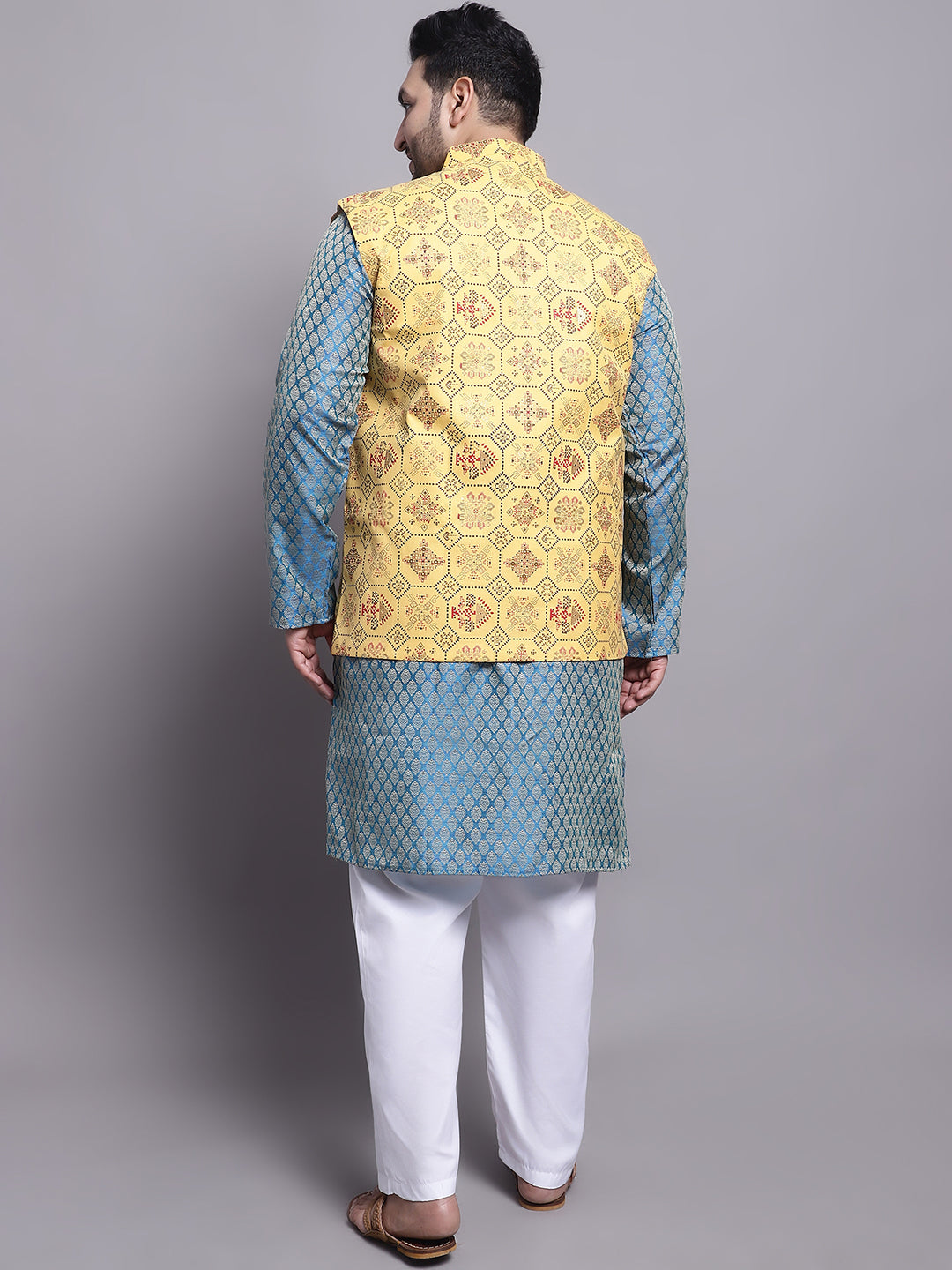 Men's Silk Blend PBlue Kurta & Yellow Printed Nehrujacket With White Pyjama