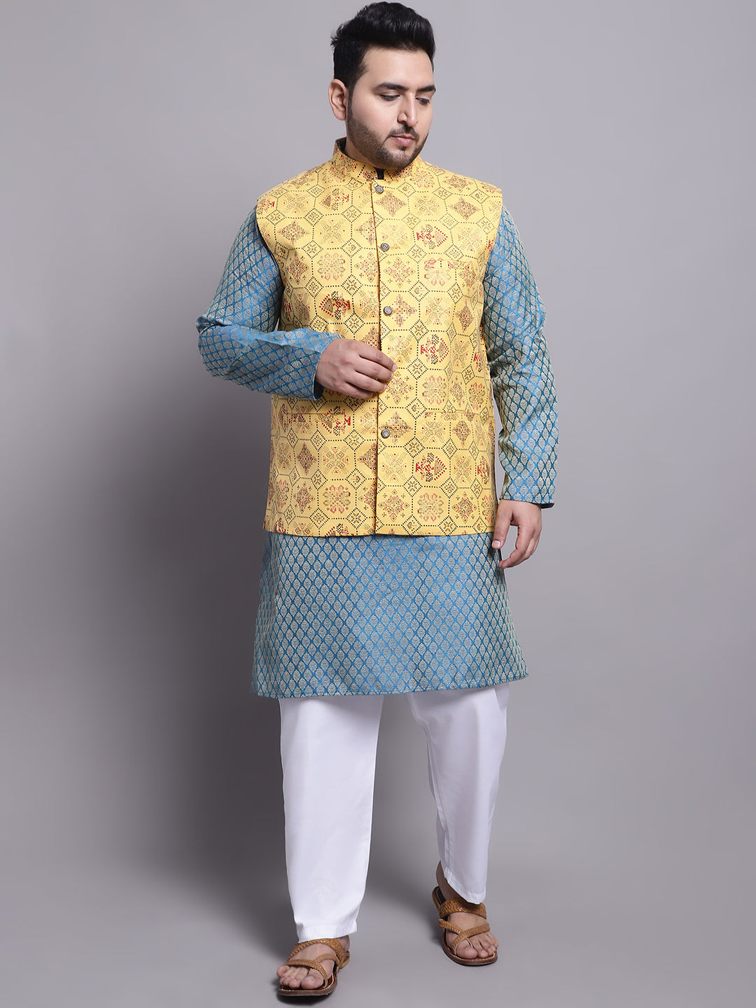 Men's Silk Blend PBlue Kurta & Yellow Printed Nehrujacket With White Pyjama