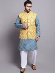 Men's Silk Blend PBlue Kurta & Yellow Printed Nehrujacket With White Pyjama