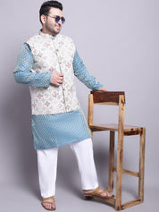 Men's Silk Blend PBlue Kurta & Cream Printed Nehrujacket With White Pyjama