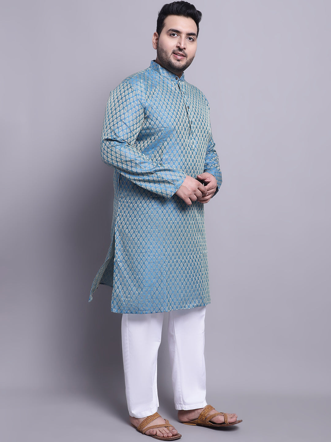 Men's Silk Blend PBlue Kurta & Cream Printed Nehrujacket With White Pyjama