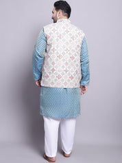 Men's Silk Blend PBlue Kurta & Cream Printed Nehrujacket With White Pyjama