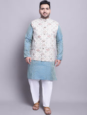 Men's Silk Blend PBlue Kurta & Cream Printed Nehrujacket With White Pyjama