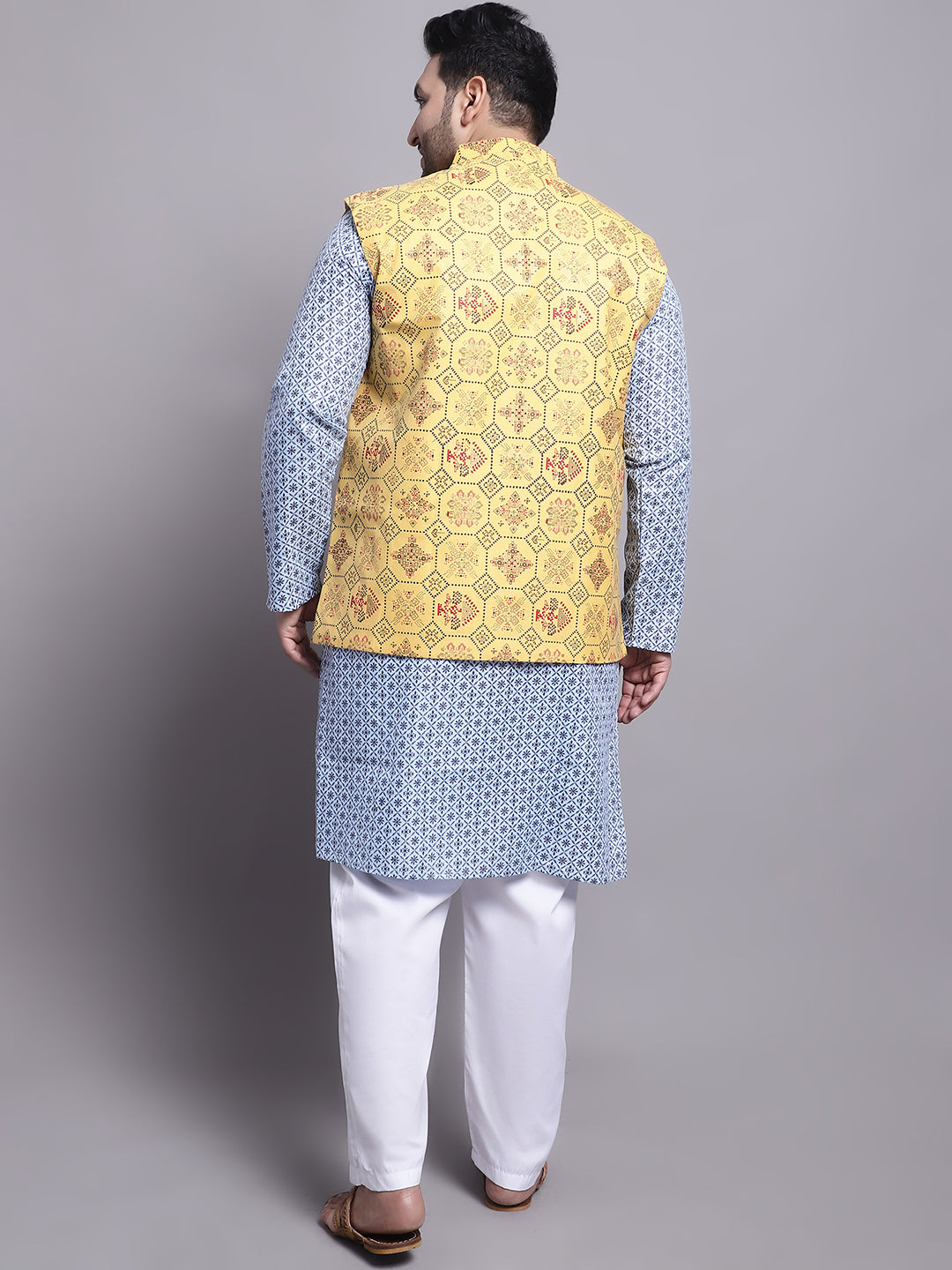 Men's Cotton Linen Blue Kurta and White Pyjama With Mustard Cotton Nehrujacket