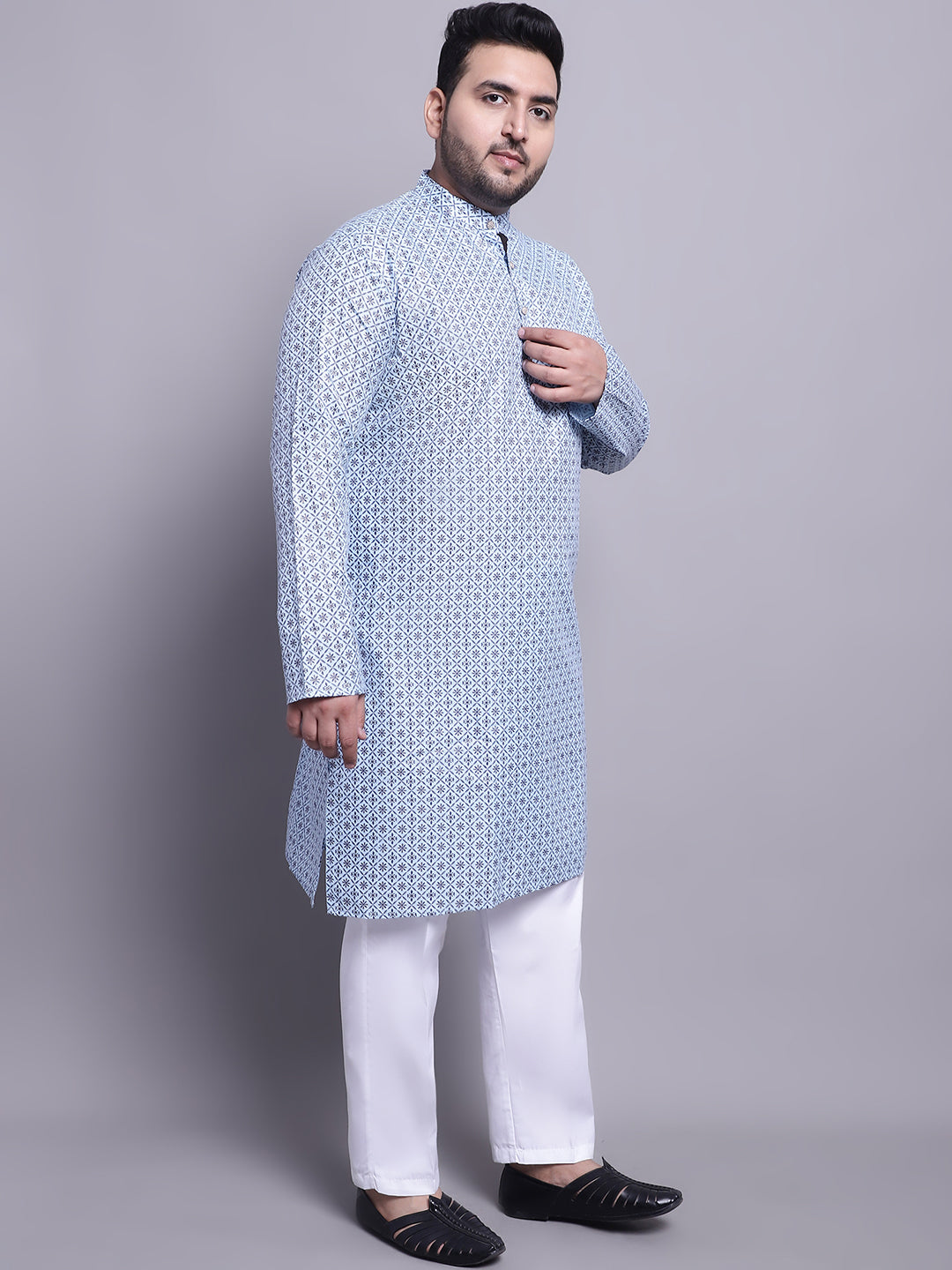 Men's Cotton Linen Blue Kurta and White Pyjama With Cream Cotton Nehrujacket