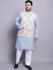 Men's Cotton Linen Blue Kurta and White Pyjama With Cream Cotton Nehrujacket