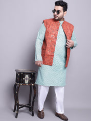 Men's CotonLinen SeaGreen Kurta and White Pyjama With Orange Cotton Nehrujacket