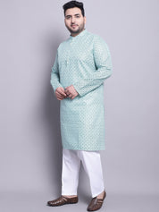 Men's CotonLinen SeaGreen Kurta and White Pyjama With Orange Cotton Nehrujacket