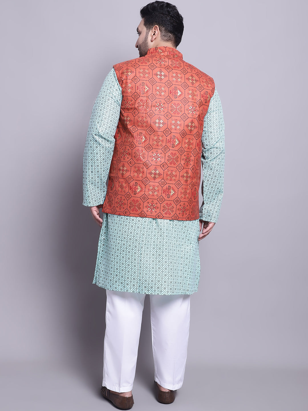 Men's CotonLinen SeaGreen Kurta and White Pyjama With Orange Cotton Nehrujacket