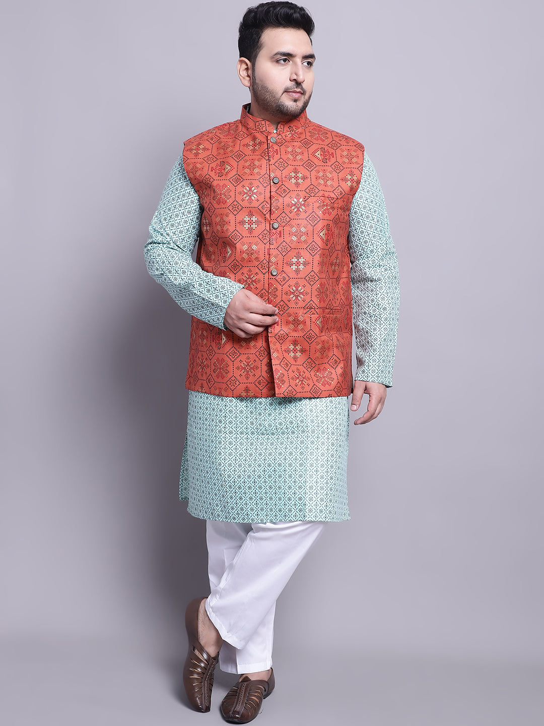 Men's CotonLinen SeaGreen Kurta and White Pyjama With Orange Cotton Nehrujacket