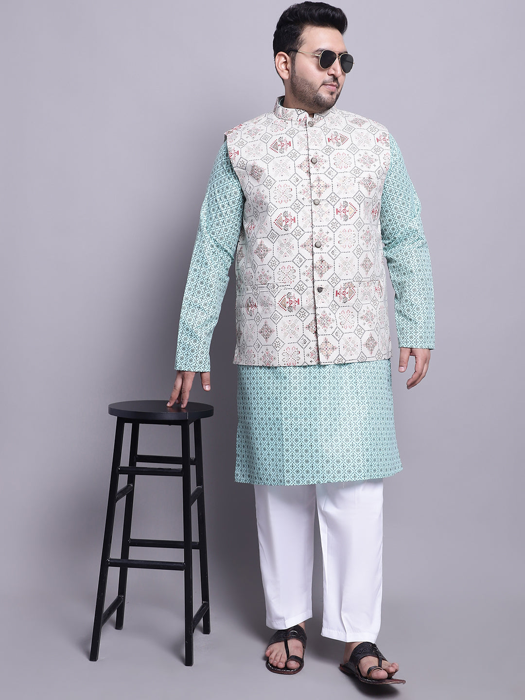 Men's CotonLinen SeaGreen Kurta and White Pyjama With Cream Cotton Nehrujacket