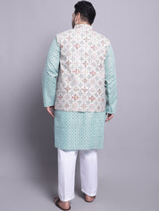 Men's CotonLinen SeaGreen Kurta and White Pyjama With Cream Cotton Nehrujacket