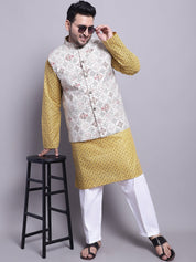 Men's Cotton Linen Mustard Kurta and White Pyjama With Cream Cotton Nehrujacket