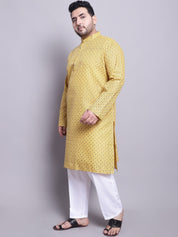 Men's Cotton Linen Mustard Kurta and White Pyjama With Cream Cotton Nehrujacket