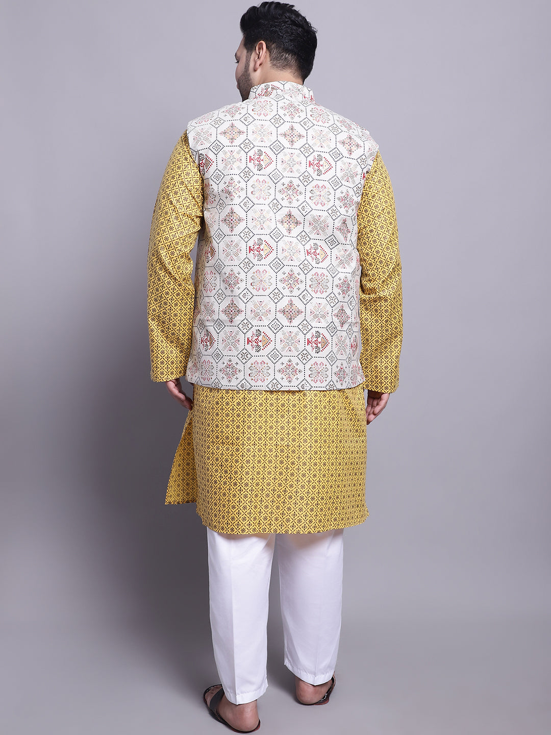 Men's Cotton Linen Mustard Kurta and White Pyjama With Cream Cotton Nehrujacket