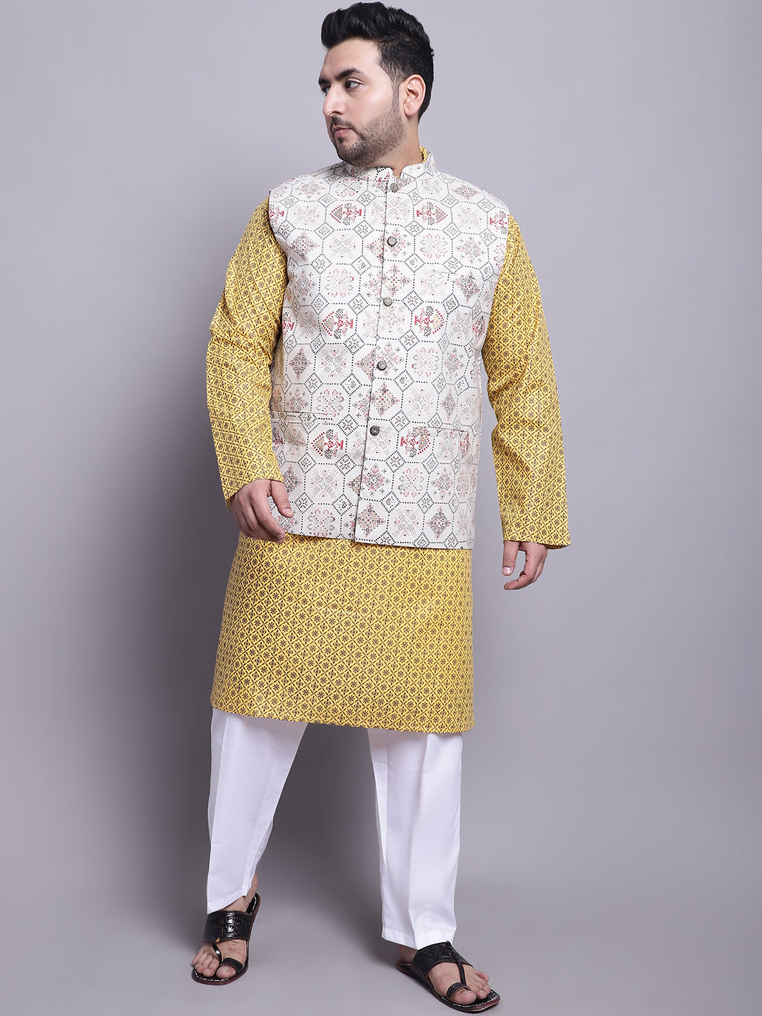 Men's Cotton Linen Mustard Kurta and White Pyjama With Cream Cotton Nehrujacket